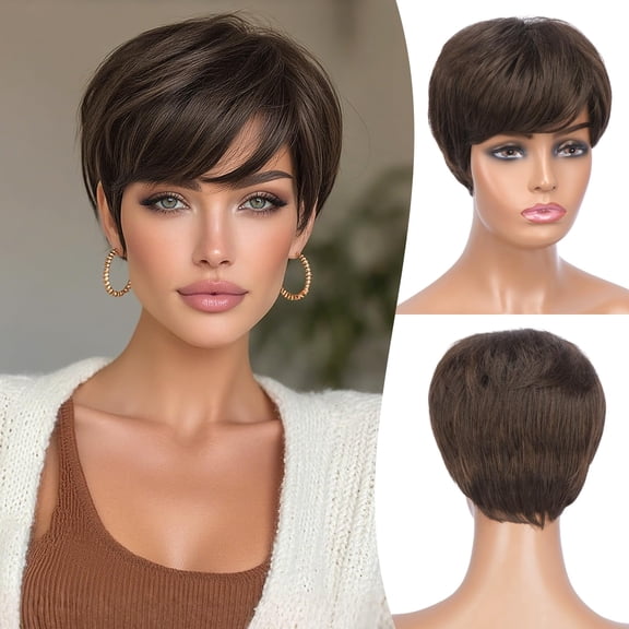 Layered Pixie Cut Wigs Synthetic Short Ombre Gray Wavy Grey to Black Glueless Wig for Women with Bangs