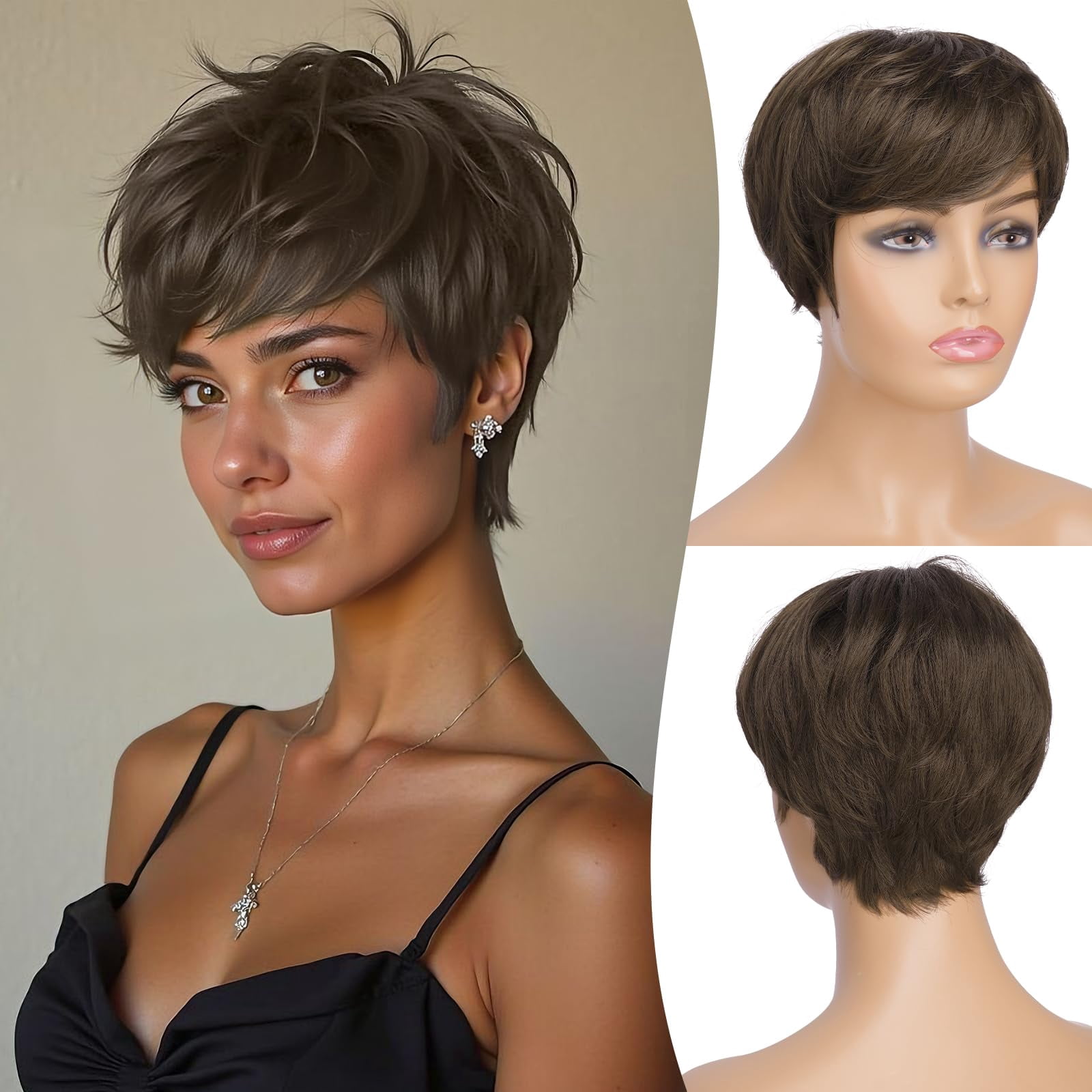 Layered Pixie Cut Wigs Synthetic Short Ombre Gray Wavy Grey to Black Glueless Wig for Women with Bangs