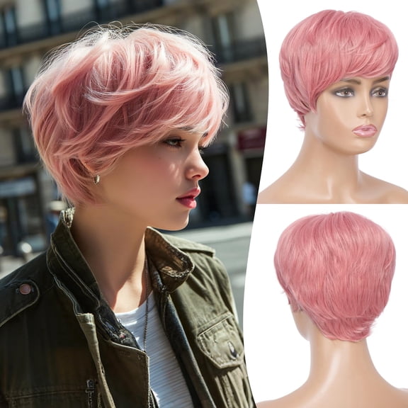 Layered Pixie Cut Wigs Synthetic Short Ombre Gray Wavy Grey to Black Glueless Wig for Women with Bangs