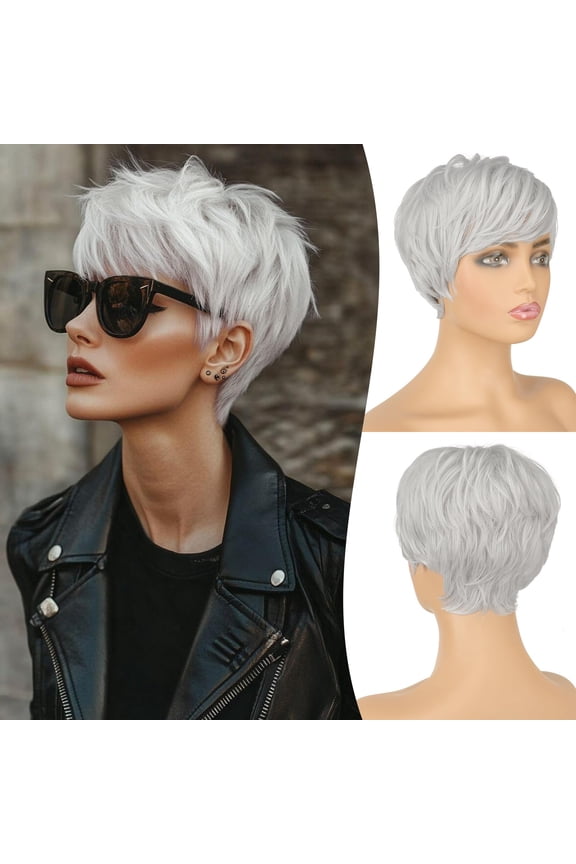 Layered Pixie Cut Wigs Synthetic Short Ombre Gray Wavy Grey to Black Glueless Wig for Women with Bangs