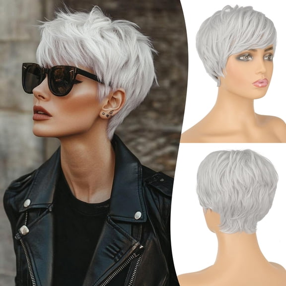 Layered Pixie Cut Wigs Synthetic Short Ombre Gray Wavy Grey to Black Glueless Wig for Women with Bangs