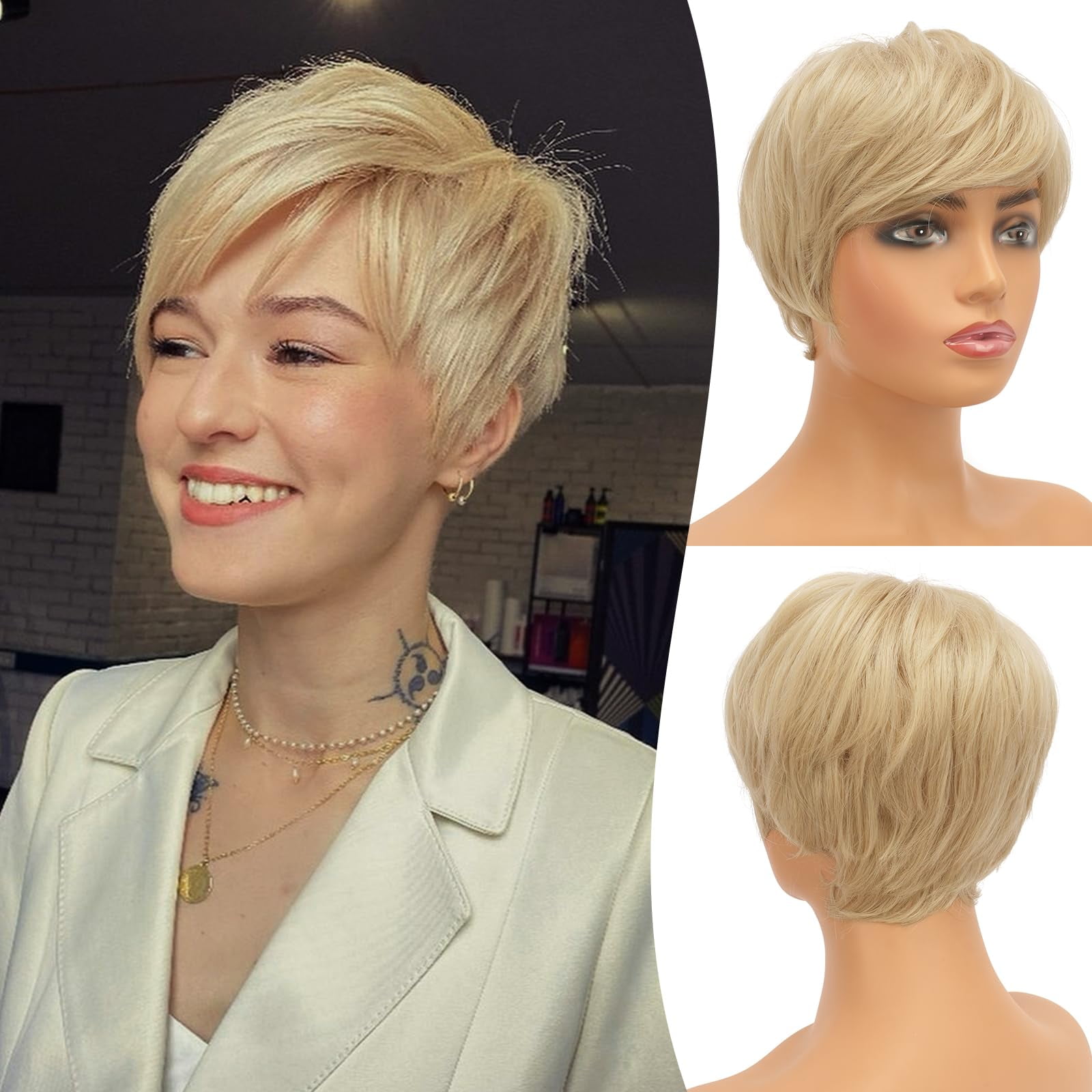 Layered Pixie Cut Wigs Synthetic Short Ombre Gray Wavy Grey to Black Glueless Wig for Women with Bangs