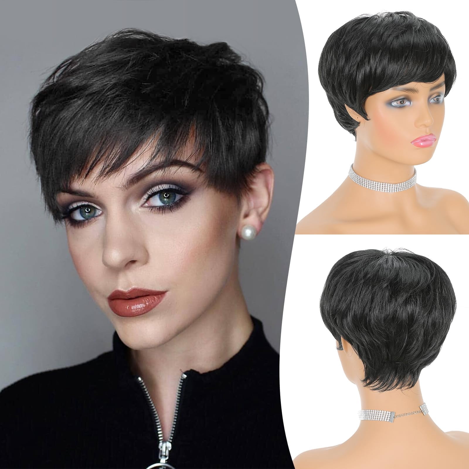 Layered Pixie Cut Wigs Synthetic Short Ombre Gray Wavy Grey to Black Glueless Wig for Women with Bangs