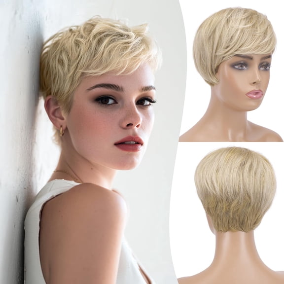 Layered Pixie Cut Wigs Synthetic Short Ombre Gray Wavy Grey to Black Glueless Wig for Women with Bangs
