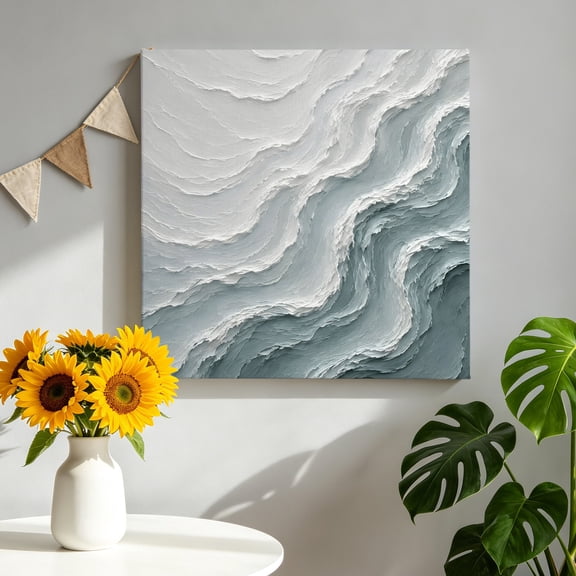 Layered Plaster Wave Canvas Wall Art, Minimalist Abstract Blue Textured Ocean Framed Picture Canvas Wall Art Print Decor Artwork Decorations for Living Room Bedroom Ready to Hang 8" x 8"