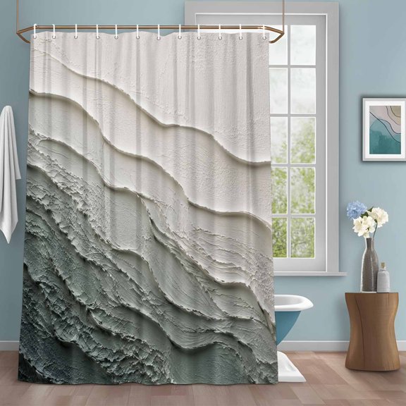 Layered Plaster Wave Shower Curtain with Hooks, Minimalist Abstract Green Textured Ocean Water Repellent Shower Curtains for Bathroom Decor Sturdy Shower Curtain, Machine Washable 36x72 Inch