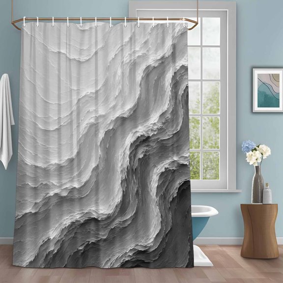 Layered Plaster Wave Shower Curtain with Hooks, Minimalist Gray Abstract Textured Ocean Water Repellent Shower Curtains for Bathroom Decor Sturdy Shower Curtain, Machine Washable 36x72 Inch