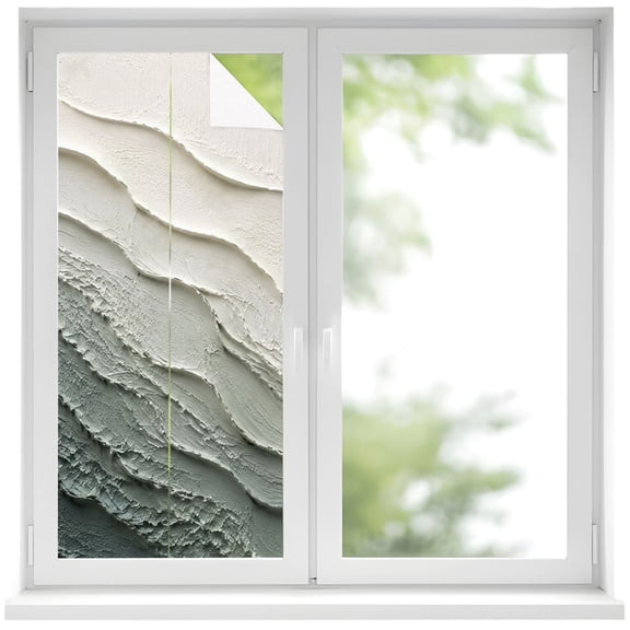 Layered Plaster Wave Window Privacy Film 19.6x39.3in Minimalist Abstract Green Textured Ocean Decorative Window Film with Static Cling, UV Filtering Window Cling Privacy Film for Glass Doors