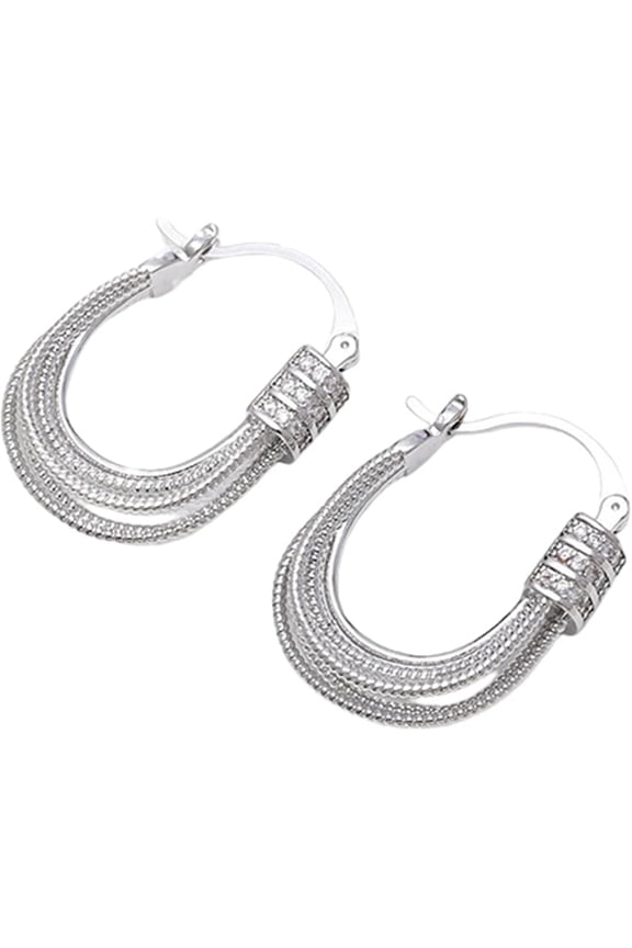 Layered Premium U-Shape Earrings with Chain Texture - Dual Tone Zirconia Snap Back Jewelry for Work & Parties[n416]