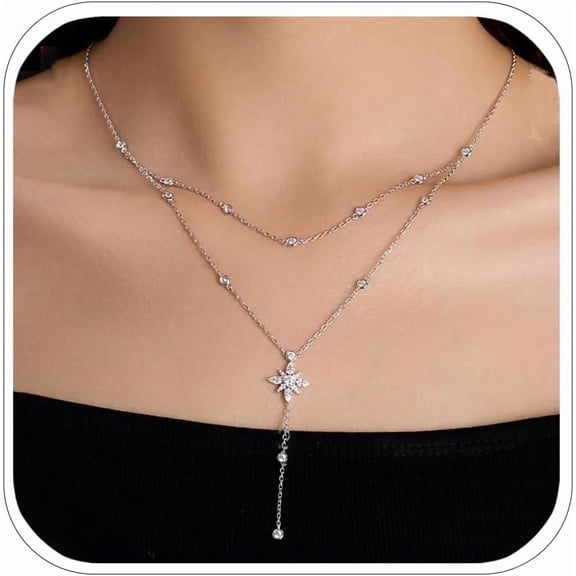 Layered Pro Necklaces for Women, Dainty Silver Star Lariat Necklace intended for Women Wedding Zircon Long Statement Y Necklace Prom Jewelry[h768]
