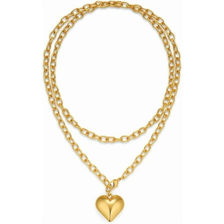 Layered Puffy Heart Necklaces For Women Gold And Silver Plated Heart Pendant Necklace Long Chain Necklace