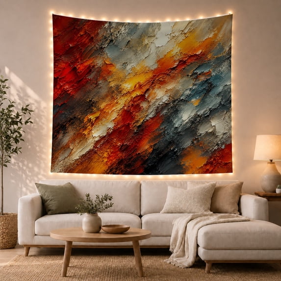 Layered Red and Orange Paint Textures on Cream Background, Energetic Abstract for Modern Art Lovers, Bold Statement Wall Decor, Housewarming Gift Tapestry Wall Hanging for Living Room and Bedroom
