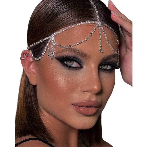 Layered Rhinestone Head Chain - Crystal Headpiece Boho Silver Hair Accessories Prom Hair Jewelry Festival Outfits for Women