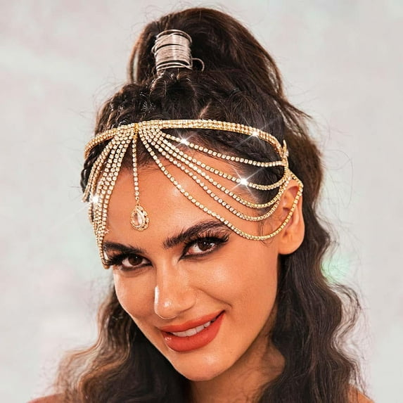 Layered Rhinestone Headband Tassel Crystal Forehead Hair Band Sparkly Bridal Hair Jewelry for Women (1-Silver, Free Size)