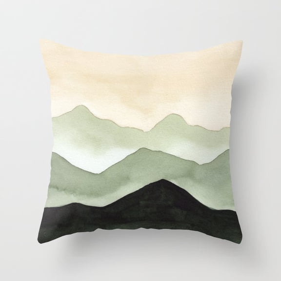 Layered Sage Green and Charcoal Mountain Landscape Throw Pillow Cover, Polyester Velvet, Home Office Accent, Cover Only, Insert Not Included
