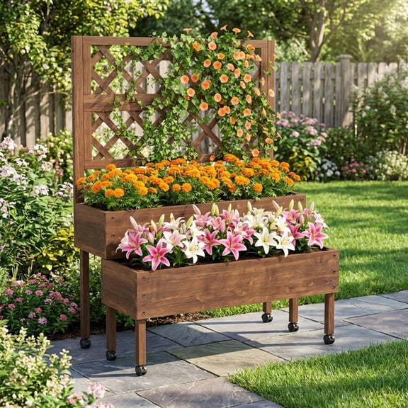Layered Screen Flower Bed, Cedar Wood Planter with Decorative Screen and Wheels, Easy Planting, Brown