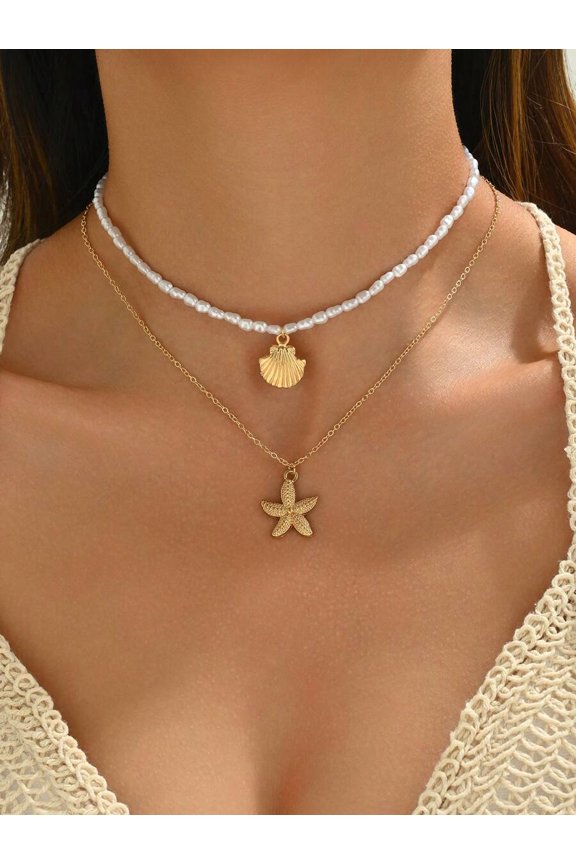 Layered Seashell & Starfish Pendant Necklace Set Shells + Starfish Goldtone