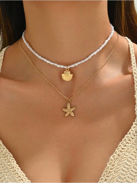 Layered Seashell & Starfish Pendant Necklace Set Shells + Starfish Goldtone