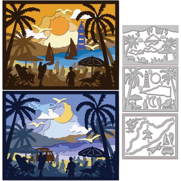 Layered Seaside Beach Landscape Cutting Dies for DIY Scrapbooking Metal Summer Casual Crowd Cut Dies Lighthouse Die Cuts for Card Making Embossing oto Album Craft Decor 1set