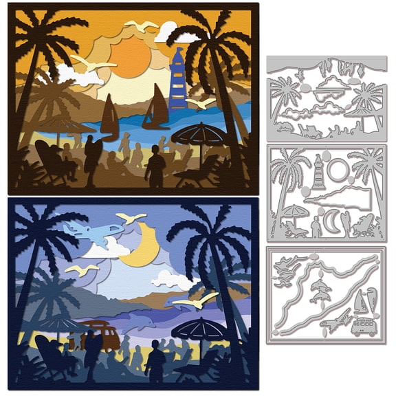 Layered Seaside Beach Landscape Cutting Dies for DIY Scrapbooking Metal Summer Casual Crowd Cut Dies Lighthouse Die Cuts for Card Making Embossing
