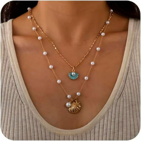Layered Shell Necklaces Bohemian Pearl Starfish Seashell Pendant Necklace for Women Scallop Choker Necklace Summer Beach Jewelry Gift