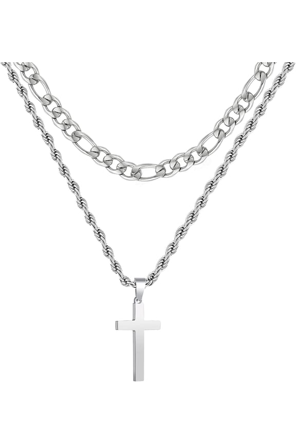 First Communion Graduation Fathers Day Jewelry Gifts for Men Boys Teen Dad Son Silver Cross Necklaces Stainless Steel Cross Pendant Chain Dad Him Kids Catholic Religious Christian Birthday