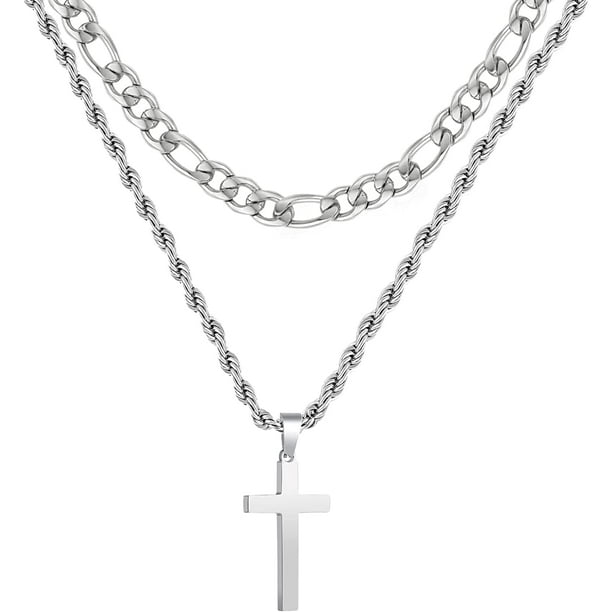 Layered Silver Cross Necklace for Men Stainless Steel Layered