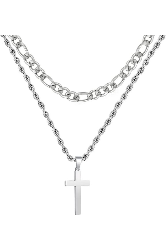 Layered Silver Cross Necklaces for Men Boys Stainless Steel Figaro Twist Rope Pendant Chain Set Religious Christian Birthday First Communion Easter Basket Stuffers Jewelry Gifts Teen Adults Kid