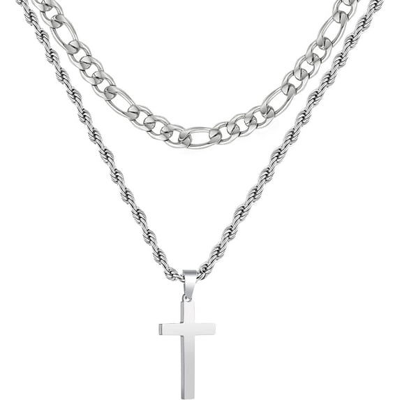 APSVO Layered Silver Cross Necklaces for Men Boys Stainless Steel Figaro Twist Rope Pendant Chain Set Religious Christian Birthday Valentines Day Jewelry Gifts Him Teen Dad Husband Adults Kids Ideas