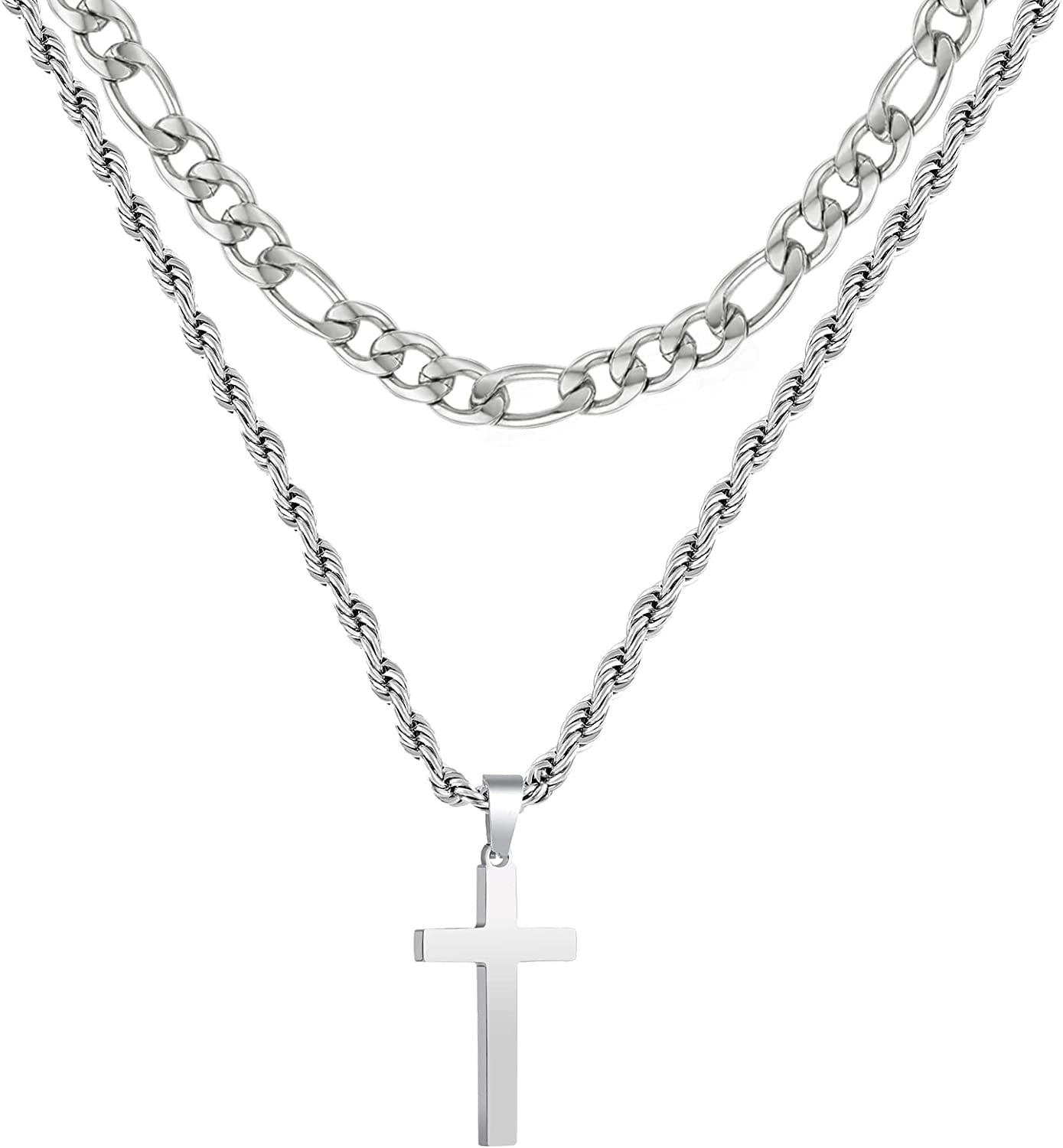 Layered Silver Cross Necklace for Men Boyfriend Son Dad Husband Brother Adult Male Young Stainless Steel Layered Figaro Twist Rope Chains Cross