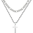 Layered Silver Cross Necklace for Men Stainless Steel Layered Figaro Twist Rope Chains Cross