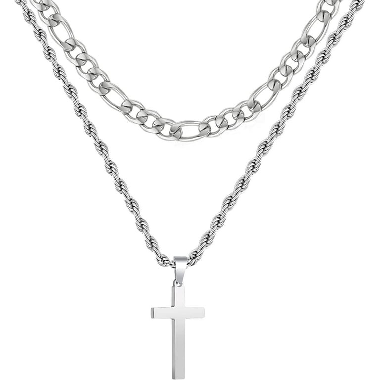 APSVO Silver Rope Cross Necklace for Boys, Stainless Steel Pendant