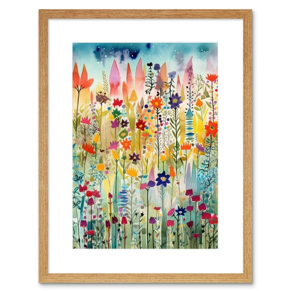 Layered Spring Flower Field Folk Art Artwork Framed Print Wall Art 9X7 Inch