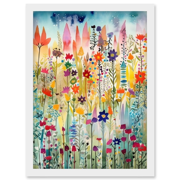 Layered Spring Flower Field Folk Art Artwork Framed Wall Art Print A4