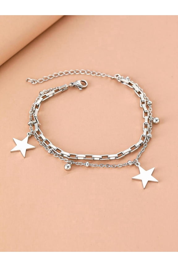 Layered Star Charm Chain Bracelet In Silver Tone Stainless Steel For Women