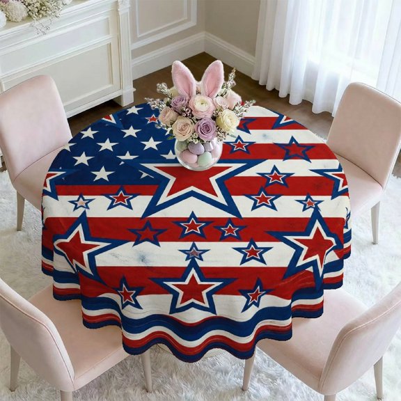 Layered Star Stripe Patriotic 2D Print Round Tablecloth, 35/49/60/71 Inch, 4th of July Flag Cover for Kitchen Dining Holiday Parties, Memorial Day Independence Day Gift