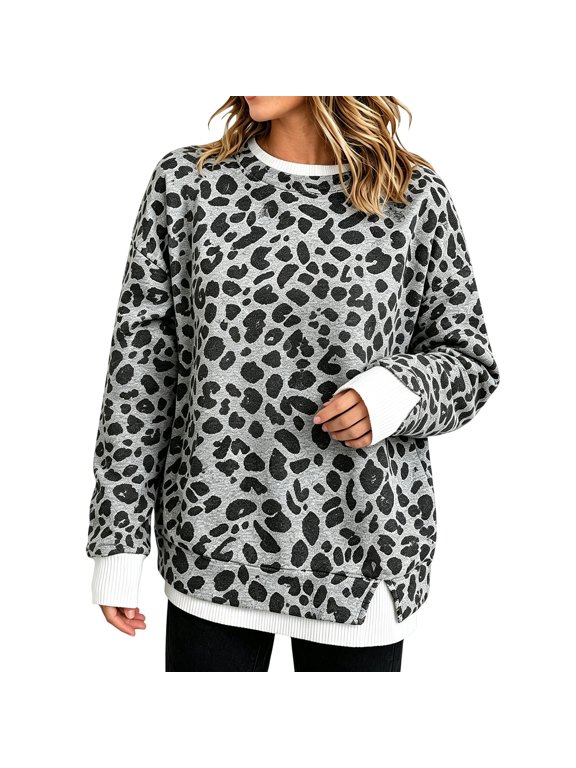 Layered Sweatshirt for Women Slouchy Oversized Color Block Casual Animal Print Fashion Clothing Fall Outfits for Women Winter Clothes Leopard Print Long Sleeve Crewneck Pullover