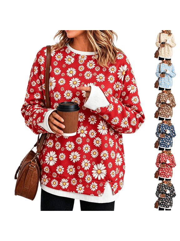 Layered Sweatshirt for Women Daisy Print Sweatshirt CrewNeck Long Sleeve Pullover Casual Loose Fit Top