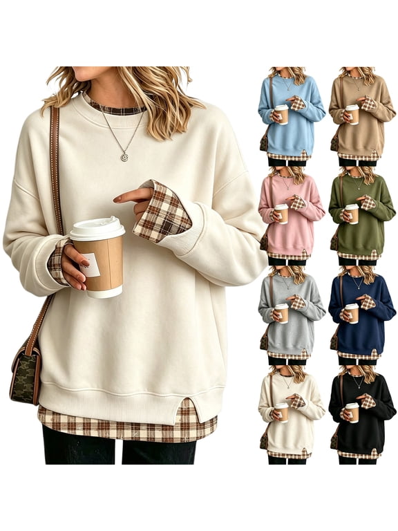 Layered Sweatshirt for Women Faux Layered Y2k Pullover Sweat Shirt Side Split Hem Casual Top Fashion Streetwear