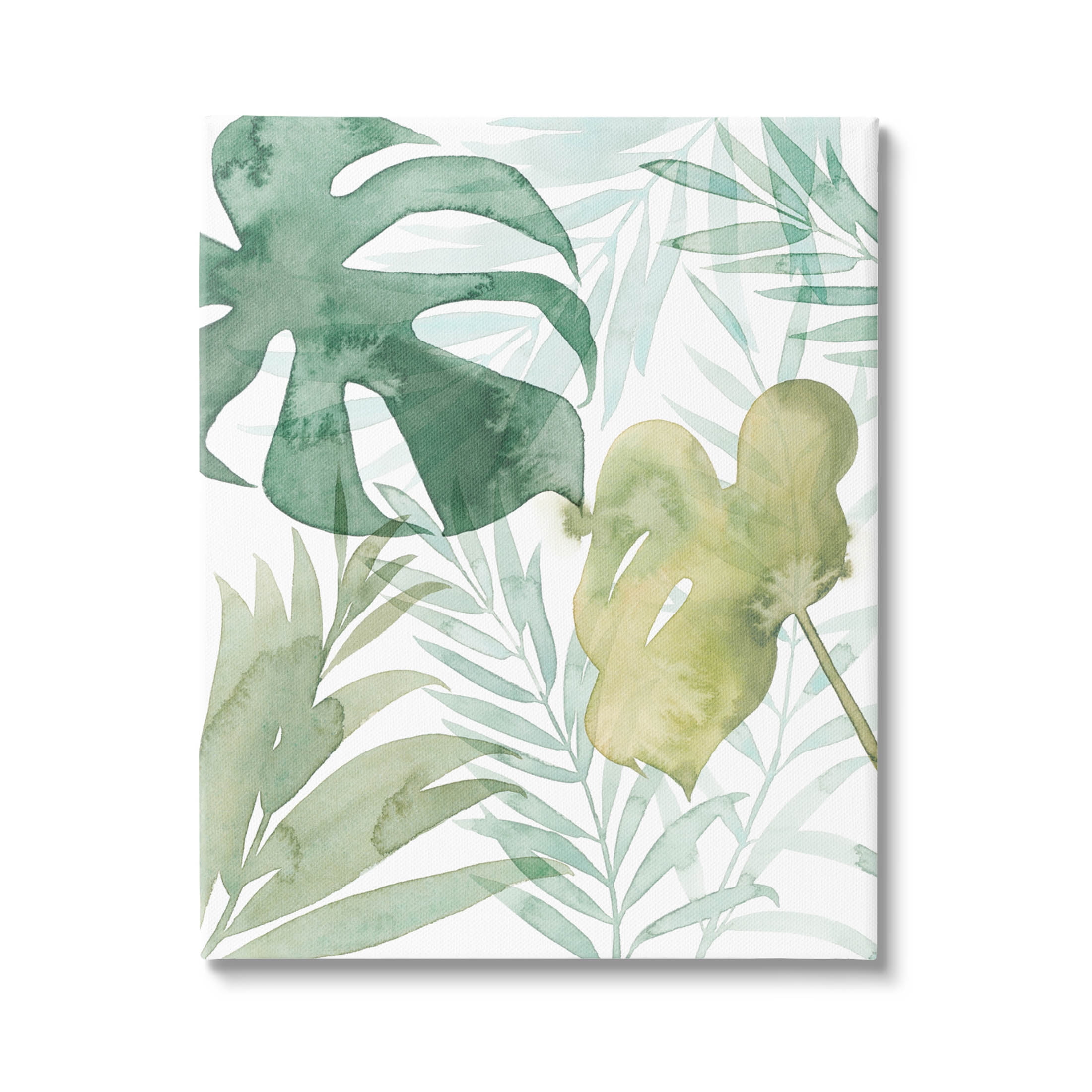 Layered Tropical Botanical Leaves Green and Yellow Canvas Wall Art
