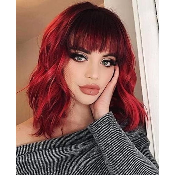 Layered Wavy Bob Wig with Bangs for Women, Wavy Texture, Layered Cut, Bob Cut, Fringe, Adjustable Cap, for women seeking a wearable way to update their hairstyle during personal hair styling,Wine Red