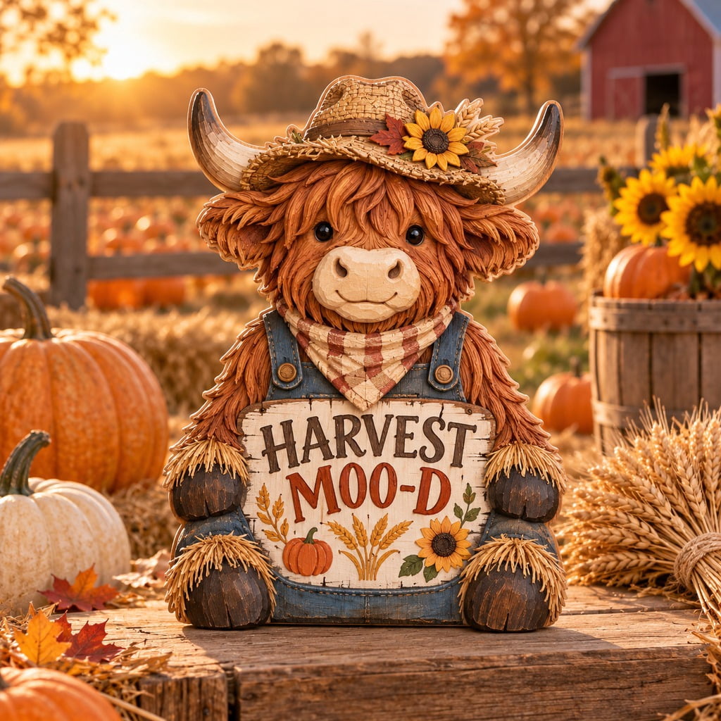 Layered Wooden Block Harvest Moo D Highland Cow Shelf Decor - Walmart.com