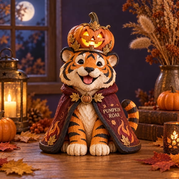 Layered Wooden Block Tabletop Display Pumpkin Roar Tiger Halloween