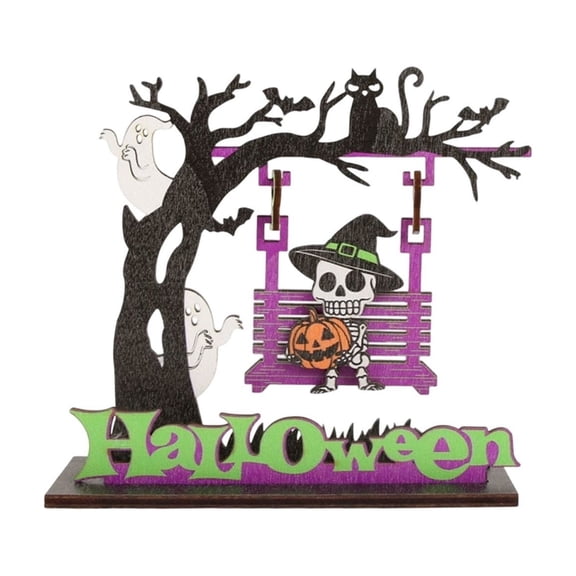 Layered Wooden Halloween Swing Tree Tabletop Decor Interchangeable Ghost Skeleton Cutout Figurine Rustic Spooky Mantel and Shelf Sitter Display