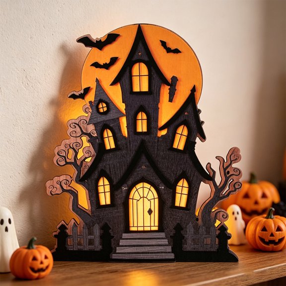 Layered Wooden Haunted Castle, Tabletop Standing Sign, Halloween Mantel Decor for Window Scene, 3D Laser Cut Spooky Sign, House Nameplate​