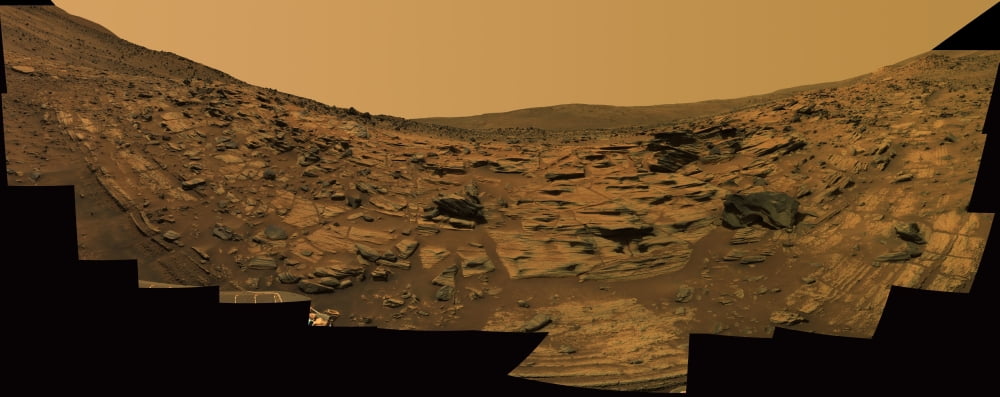 Layered exposures of rock on the surface of Mars Canvas Art - Stocktrek Images (44 x 18)
