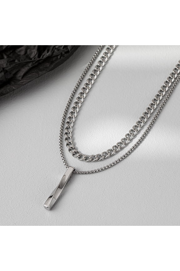 Layering 14K White Gold Necklaces for Men, Mathematics Mobius Bar Pendant, Figaro Cuban Rope Box Chain Neck Collar, Cool Jewelry