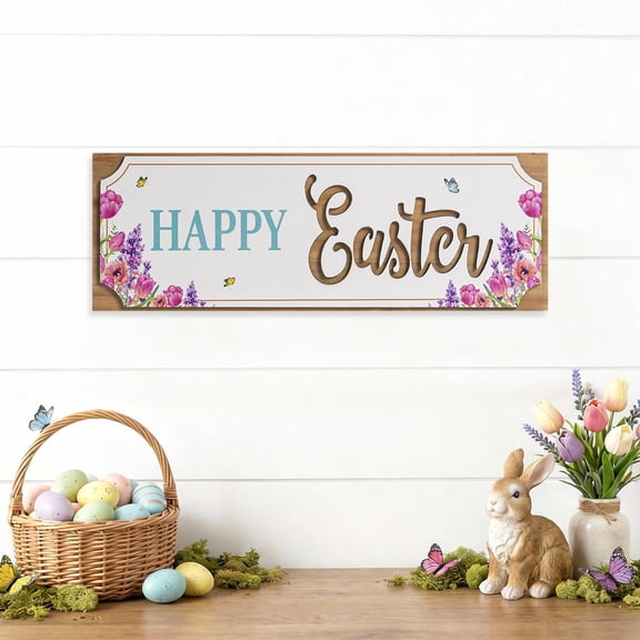 Layering Happy Easter Sign, Wooden Easter Wall Art Table Top Shelf Desk Mantel Home Decorations Indoor, Spring Tabletop Wood Plaque Bathroom Kitchen Living Room Office House Farmhouse Decor