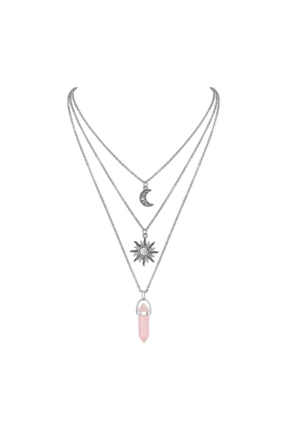 Layering Jewelry Sun Moons Hexagonal Agate Pendant Necklace Gothic Women AccessoryTriple Layer Crystal Jewelry