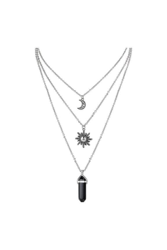 Layering Jewelry Sun Moons Hexagonal Agate Pendant Necklace Gothic Women AccessoryTriple Layer Crystal Jewelry